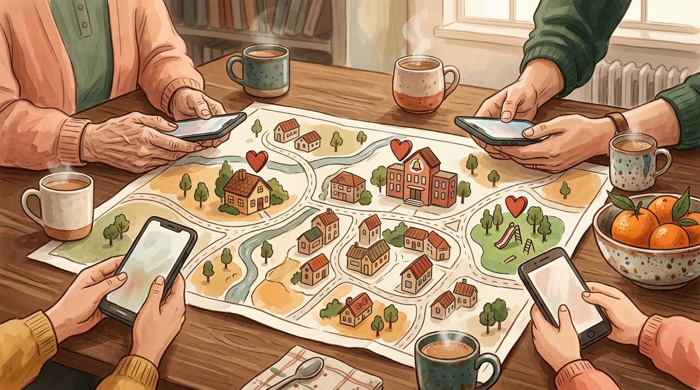 Overhead view of a kitchen table with a hand-painted town map dotted with heart pins, where a grandparent, a parent and a child hold their phones beside cups of chai and oranges