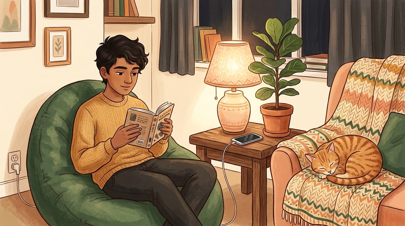 A phone charges on a side table beside a lamp while a teenage boy reads on a green beanbag and a ginger cat sleeps nearby.