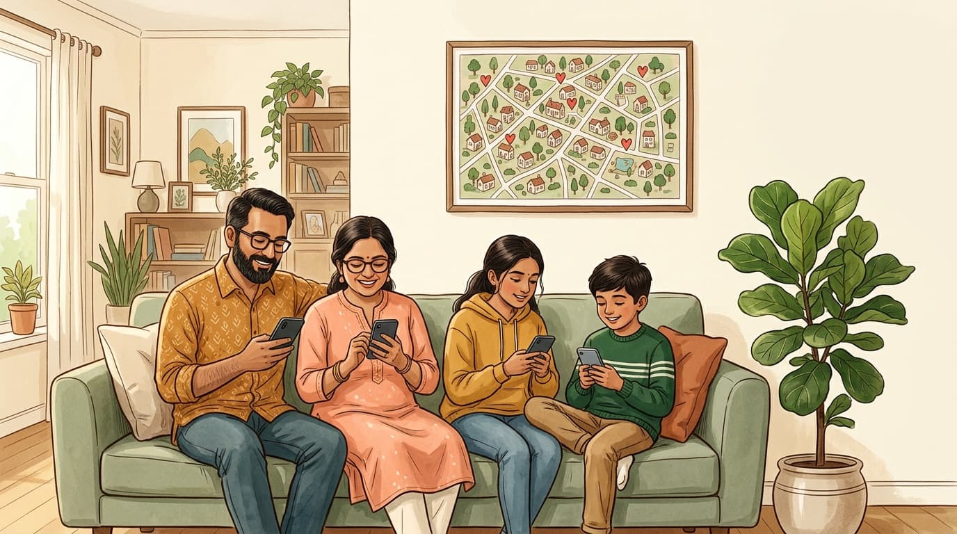 A South Asian family of four sitting on a sage-green sofa, each looking at a phone, with a hand-painted neighbourhood map dotted with heart pins on the wall behind them