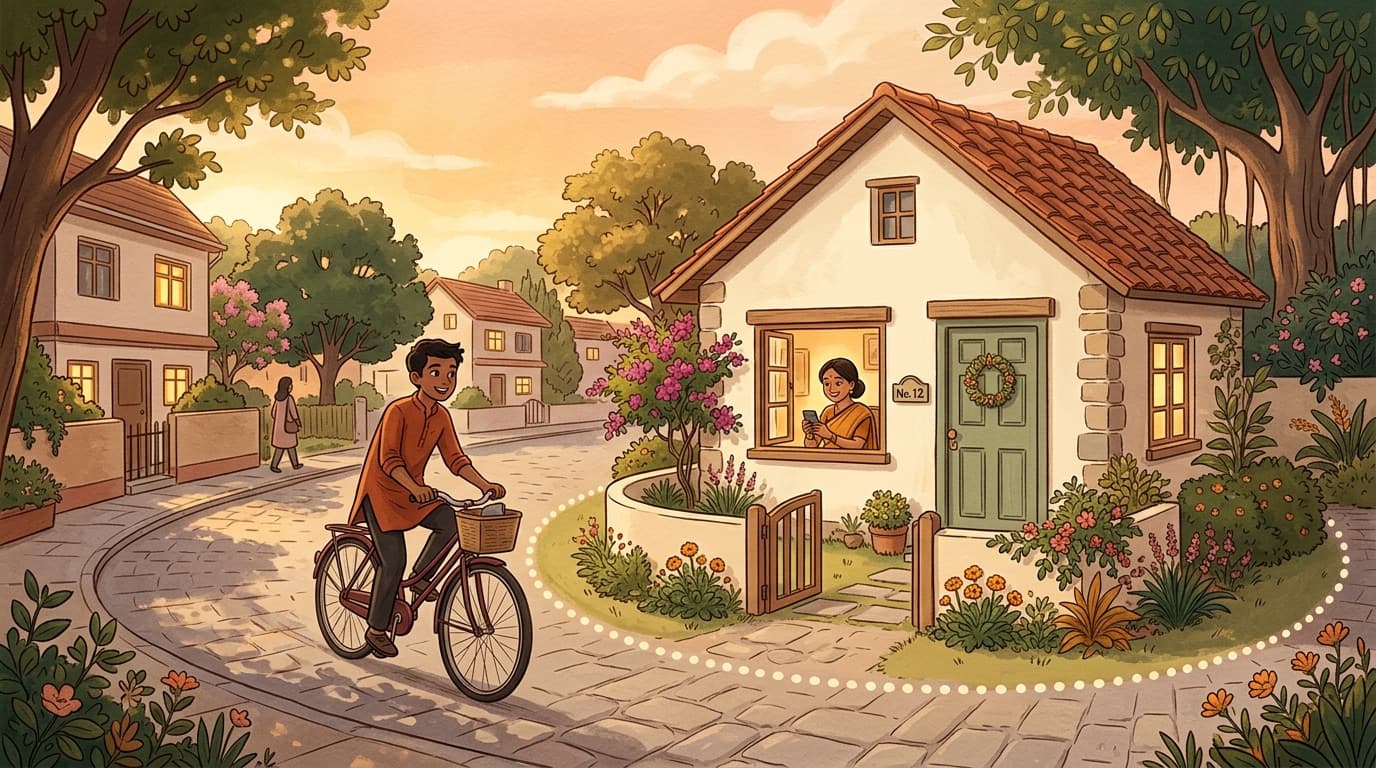 A teen cycling home at golden hour toward a terracotta-roofed house circled by a dotted boundary, while his mother smiles at her phone in the window