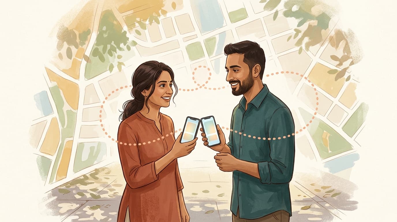 Two adult siblings on a city sidewalk holding an iPhone and an Android phone together, with a dotted path looping between them over a painted street map