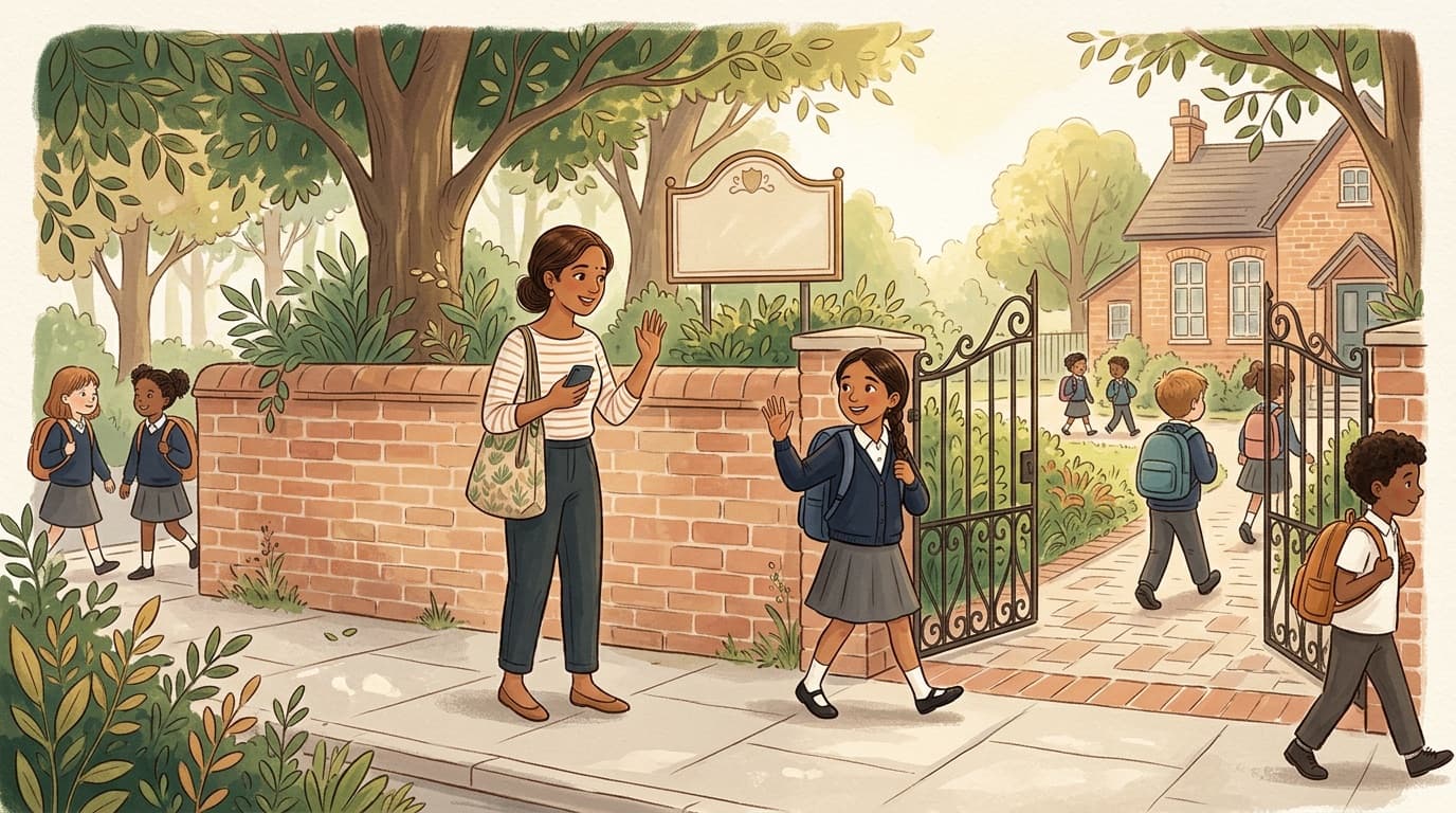 Storybook illustration of a girl with a navy backpack waving goodbye at a school gate while her mother waves back, holding a phone