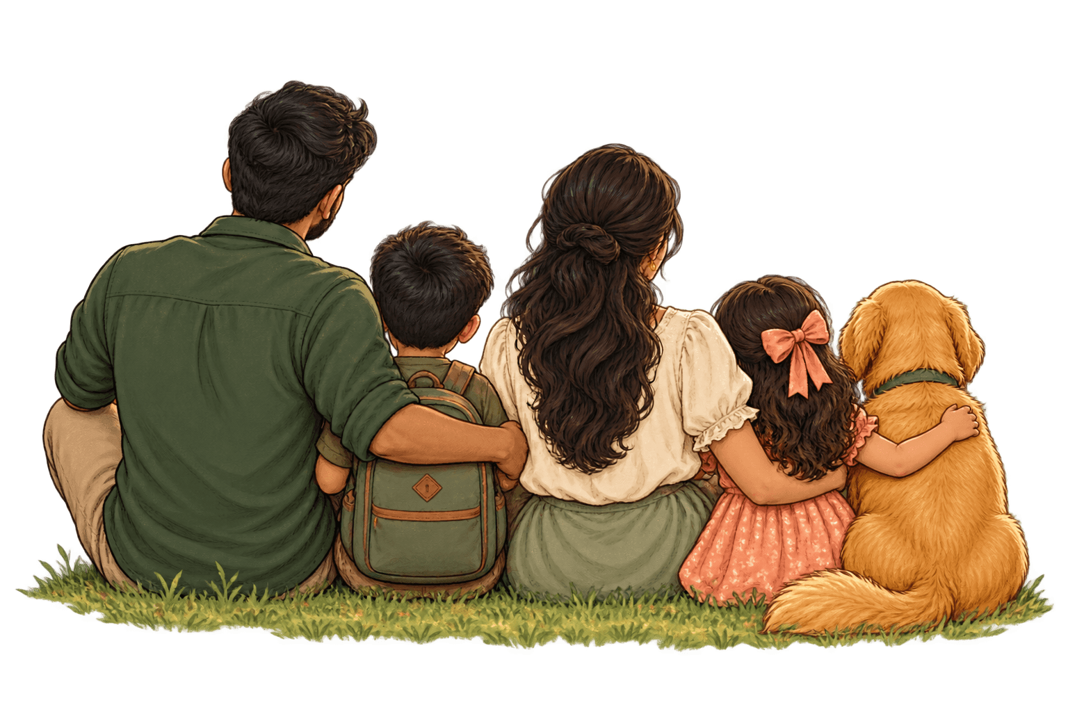 A family and their dog sitting side by side